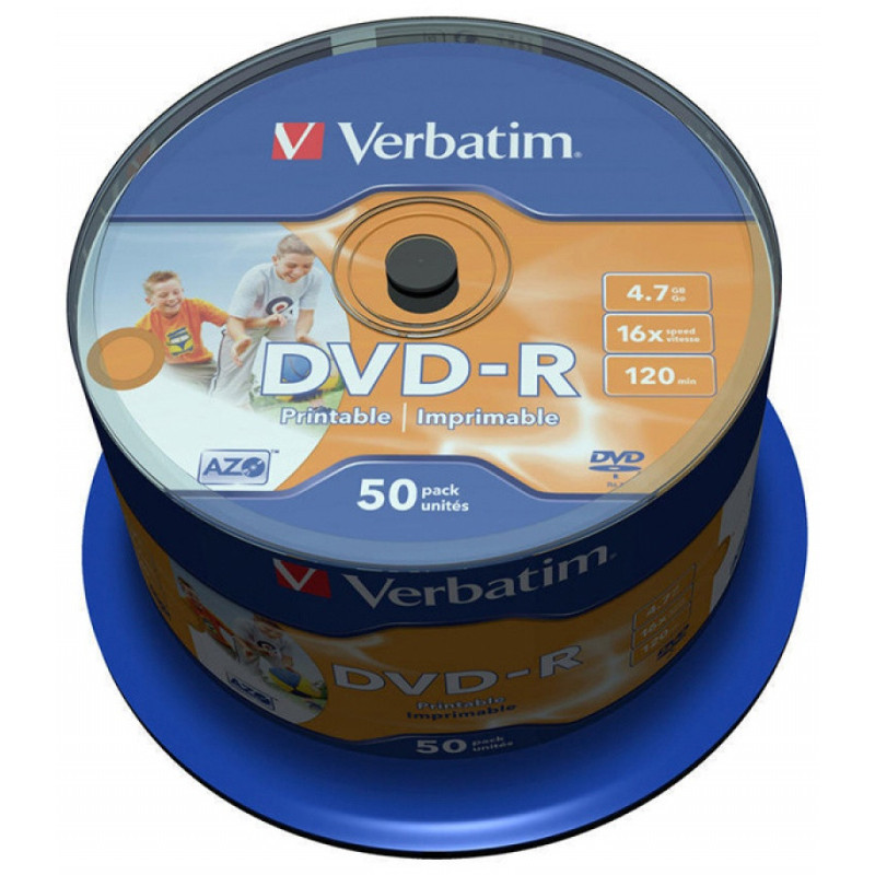 Płyta DVD-R VERBATIM AZO, 4,7GB, prędkość 16x, cake, 50szt., do nadruku