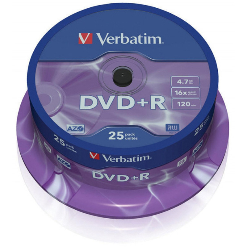 Płyta DVD+R VERBATIM AZO, 4,7GB, prędkość 16x, cake, 25szt., srebrny mat