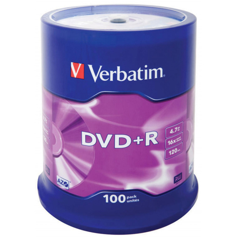 Płyta DVD+R VERBATIM AZO, 4,7GB, prędkość 16x, cake, 100szt., srebrny mat
