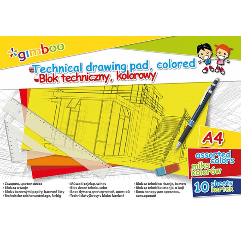 Blok techniczny GIMBOO, A4, 10 kart., 150gsm, mix kolorów