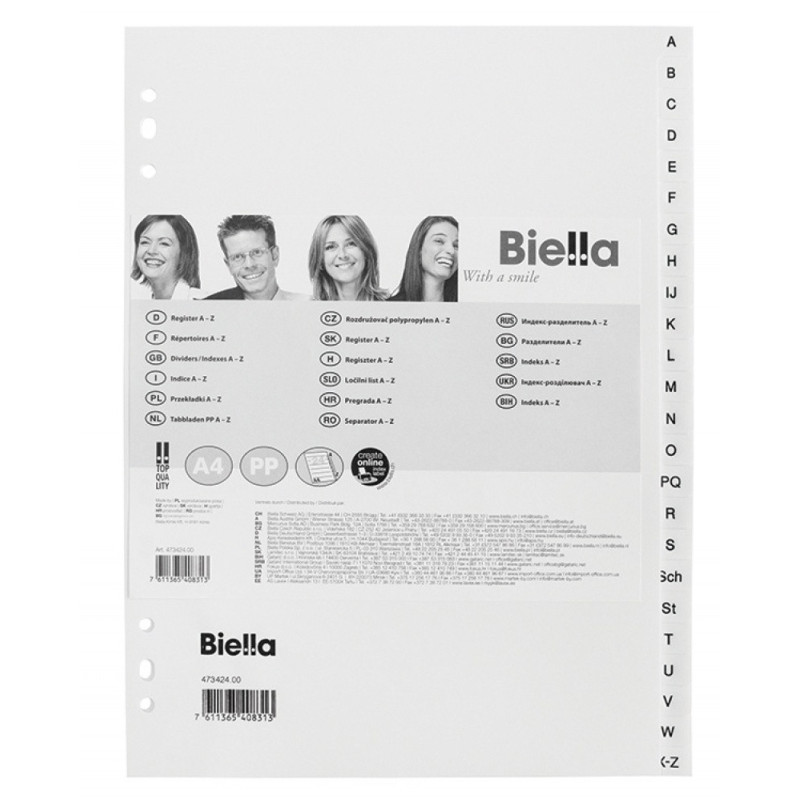 Przekładki polypropylenowa, A4, A-Z, białe