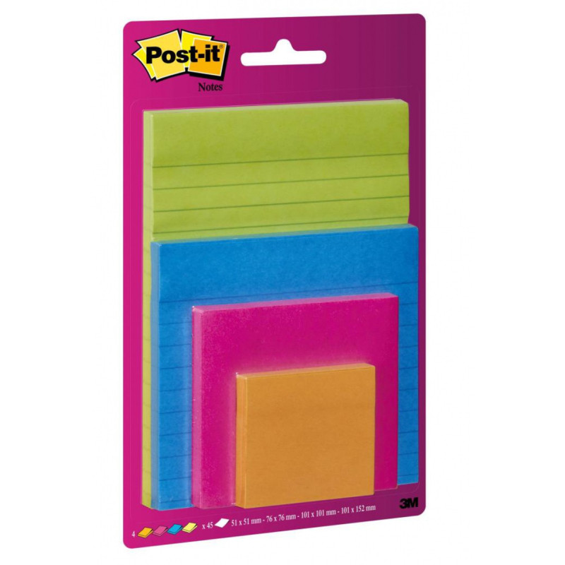 Karteczki samoprzylepne POST-IT® Super Sticky (4622-SSEU), mix rozmiarów, 4x45 kart., zawieszka, mix kolorów