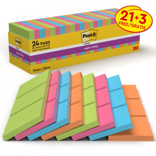 Karteczki samoprzylepne POST-IT® Super Sticky (654-SS-VP24COL), 76x76mm, 90 kart./bloczek, 21 + 3 bloczki GRATIS, mix kolorów