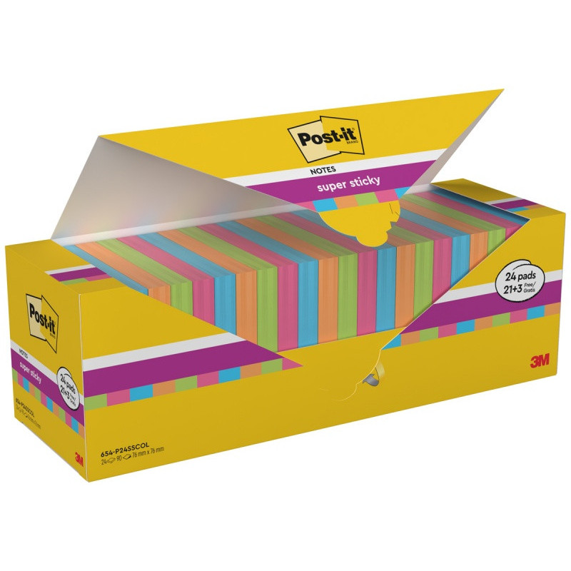 Karteczki samoprzylepne POST-IT® Super Sticky (654-SS-VP24COL), 76x76mm, 90 kart./bloczek, 21 + 3 bloczki GRATIS, mix kolorów