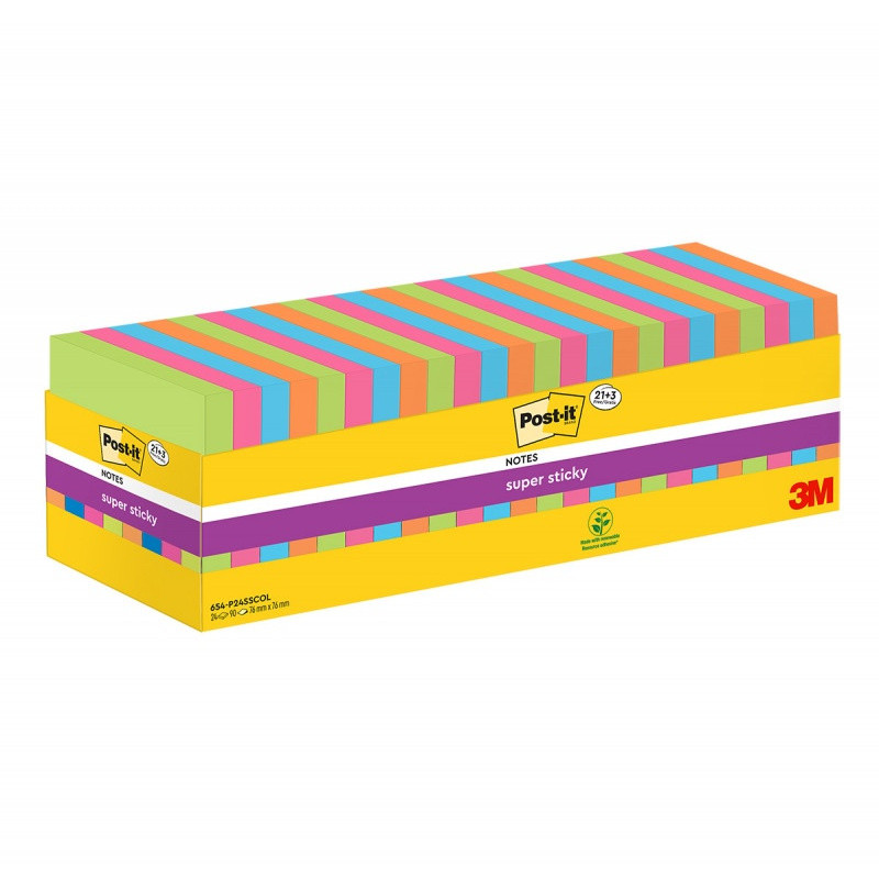 Karteczki samoprzylepne POST-IT® Super Sticky (654-SS-VP24COL), 76x76mm, 90 kart./bloczek, 21 + 3 bloczki GRATIS, mix kolorów