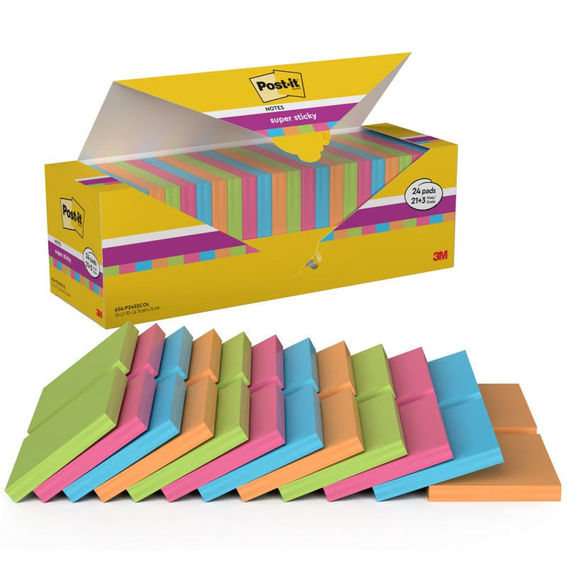 Karteczki samoprzylepne POST-IT® Super Sticky (654-SS-VP24COL), 76x76mm, 90 kart./bloczek, 21 + 3 bloczki GRATIS, mix kolorów