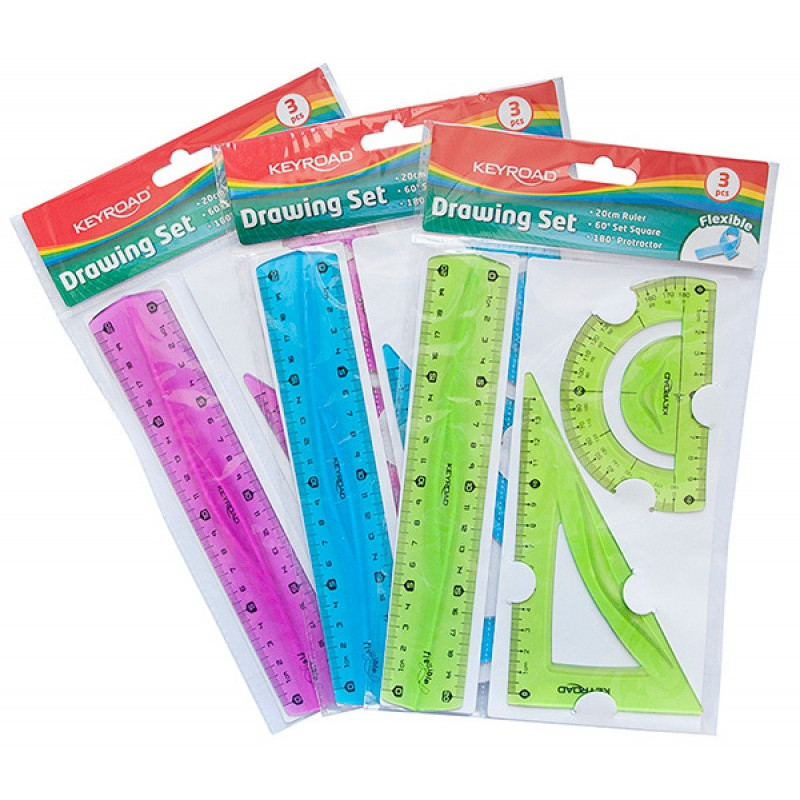 Zestaw geometryczny KEYROAD Flexible średni, z linijką 20cm, zawieszka, mix kolorów