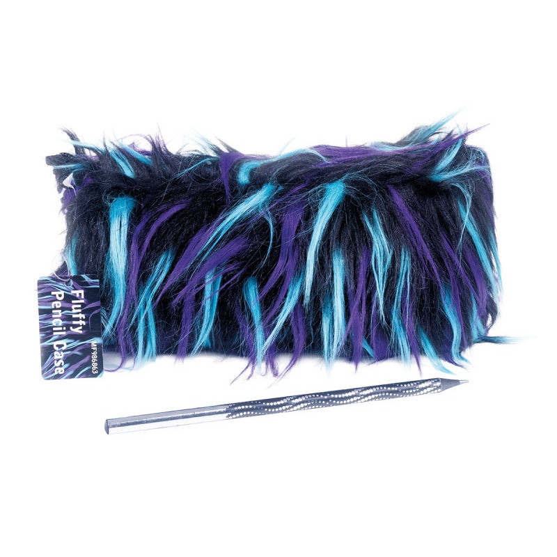 Piórnik-saszetka MEMORIS Fluffy, włochata, na suwak, czarna z kolorowym włosem