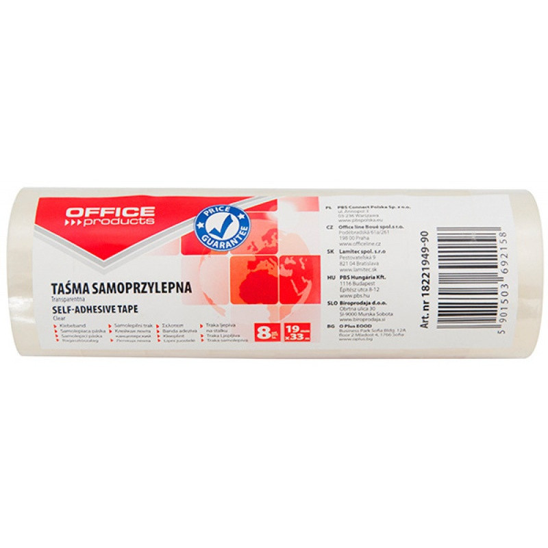 Taśma biurowa OFFICE PRODUCTS, 19mm, 33m, 8szt., transparentna
