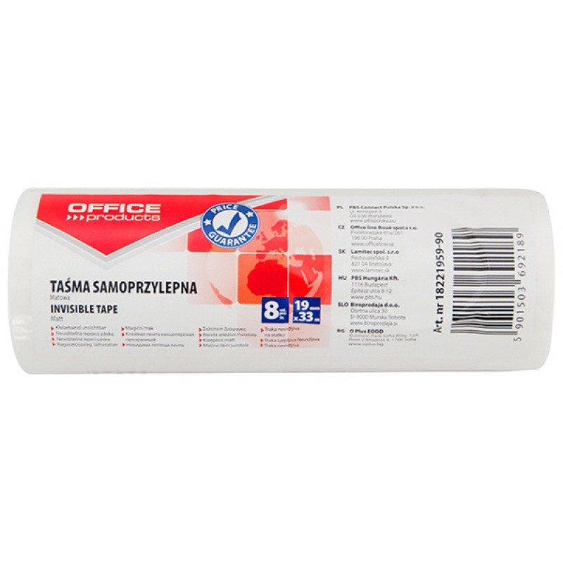 Taśma biurowa OFFICE PRODUCTS, 19mm, 33m, 8szt., matowa