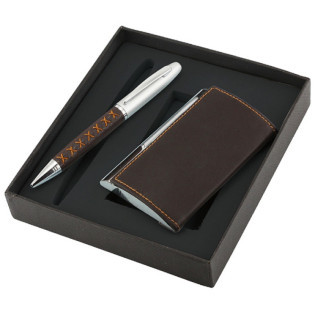 Zestaw długopis+wizytownik Krezon, brązowy