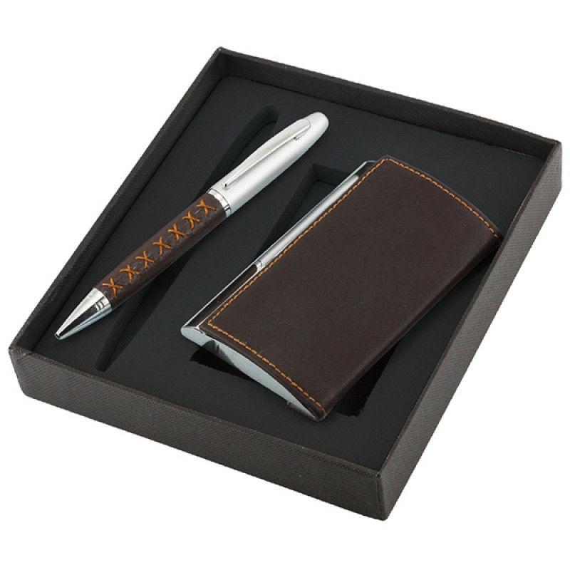 Zestaw długopis+wizytownik Krezon, brązowy