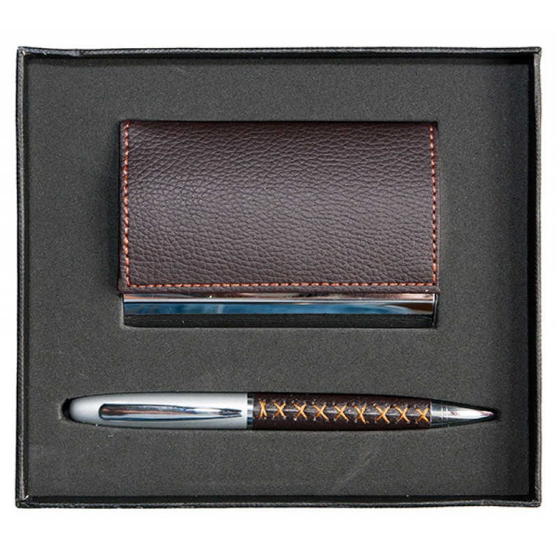 Zestaw długopis+wizytownik Krezon, brązowy