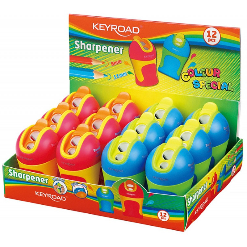 Temperówka KEYROAD Colour Special, plastikowa, podwójna, z pojemnikiem, ostrzenie zaokrąglone, pakowane na displayu, mix kolorów