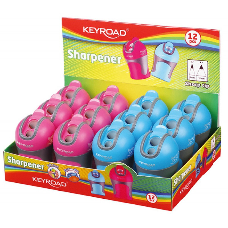 Temperówka KEYROAD Colour Special, plastikowa, podwójna, z pojemnikiem, ostrzenie w szpic, pakowane na displayu, mix kolorów