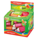 Temperówka KEYROAD Twist, plastikowa, pojedyncza, z gumką, pakowane na displayu, mix kolorów