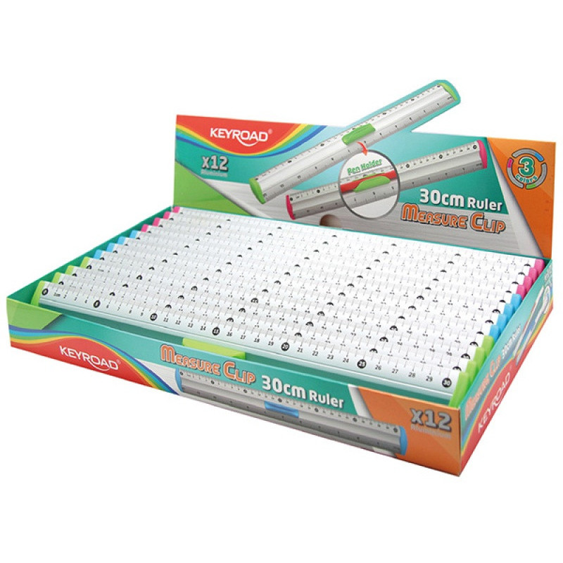 Linijka z uchwytem KEYROAD Measure Clip, 30 cm, pakowane w display, mix kolorów