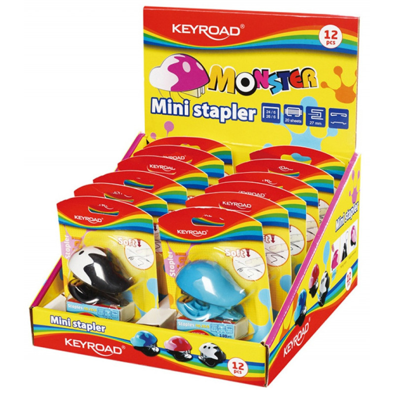 Zszywacz KEYROAD Mini+zszywki, zszywa do 20 kartek, pakowane na displayu, mix kolorów