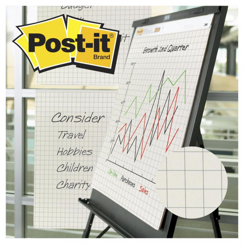 Samoprzylepne arkusze konferencyjne Post-it® Super Sticky, na flipchart, 63,5x76,2cm, w kratkę do wykresów, 30 kart., białe