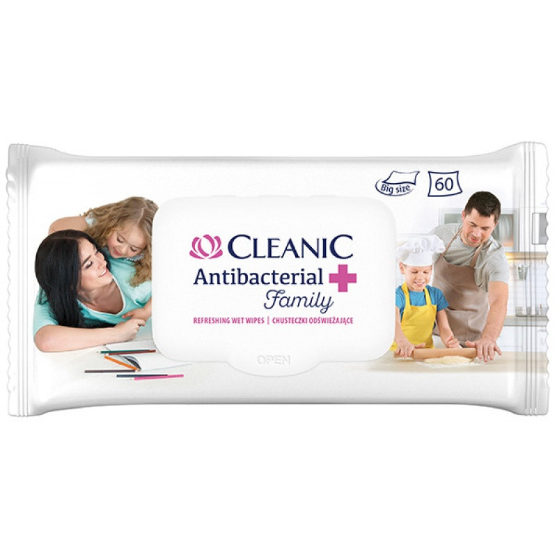 Chusteczki odświeżające CLEANIC Antybacterial Family, 60szt., białe
