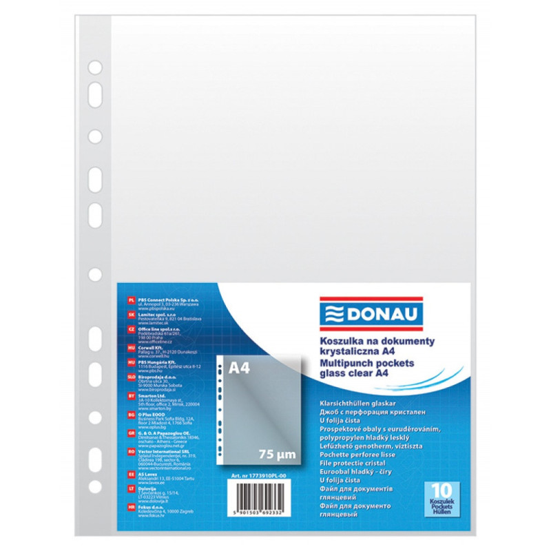 Koszulki na dokumenty DONAU, PP, A4, krystal, 75mikr., 10szt.