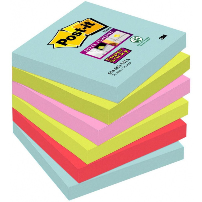 Karteczki samoprzylepne POST-IT® Super sticky, (654-6SS-MIA), 76x76mm, 6x90 kart., paleta Miami