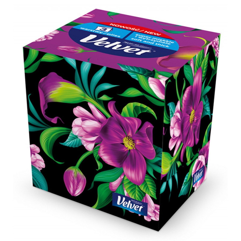 Chusteczki kosmetyczne celulozowe VELVET Cube Style, 3-warstwowe, 56 listków, biały