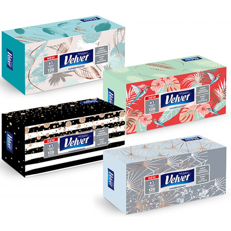 Chusteczki kosmetyczne celulozowe VELVET Harmony, 3-warstwowe, 120 listków, biały