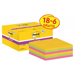 Karteczki samoprzylepne POST-IT® Super Sticky (622-P24SSCOL), 47,6x47,6mm, 90 kart./bloczek, 18 + 6 bloczków GRATIS, mix kolorów