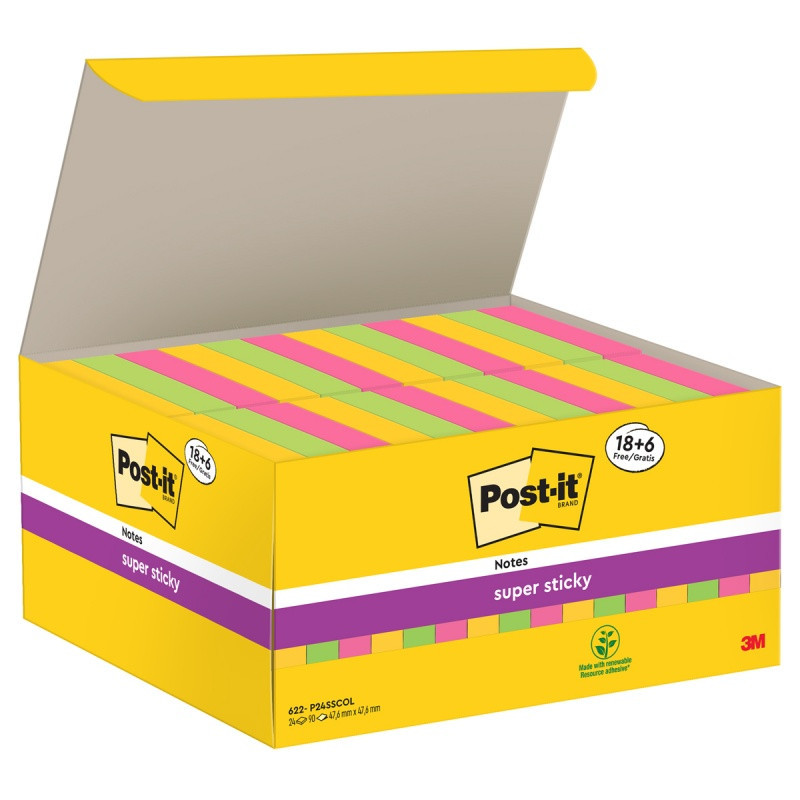 Karteczki samoprzylepne POST-IT® Super Sticky (622-P24SSCOL), 47,6x47,6mm, 90 kart./bloczek, 18 + 6 bloczków GRATIS, mix kolorów