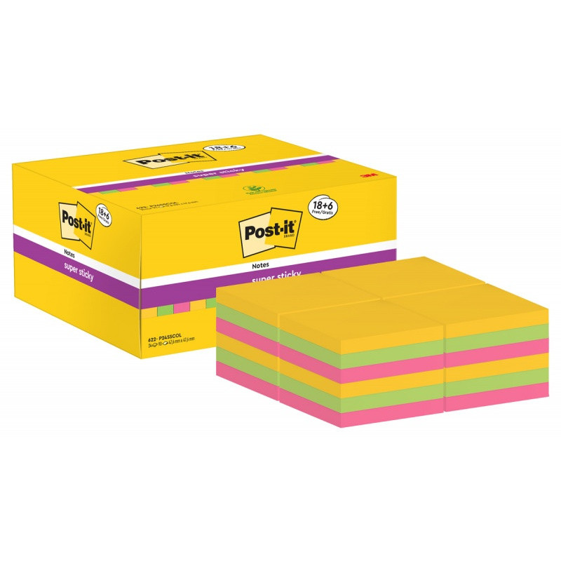 Karteczki samoprzylepne POST-IT® Super Sticky (622-P24SSCOL), 47,6x47,6mm, 90 kart./bloczek, 18 + 6 bloczków GRATIS, mix kolorów