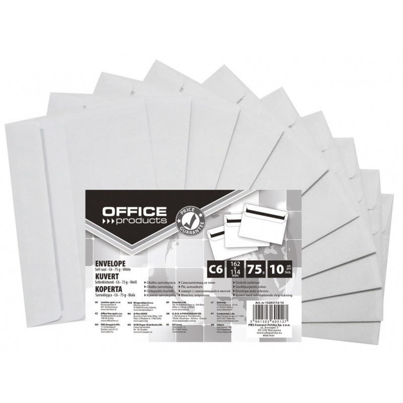 Koperty samoklejące OFFICE PRODUCTS, SK, C6, 114x162mm, 75gsm, 10szt., białe
