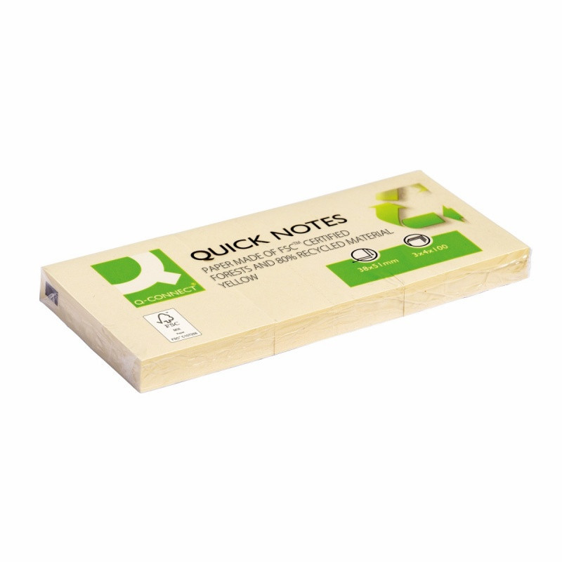 Bloczek samoprzylepny Q-CONNECT 100% Recycled, 38x51mm, 3x100 kart., żółty