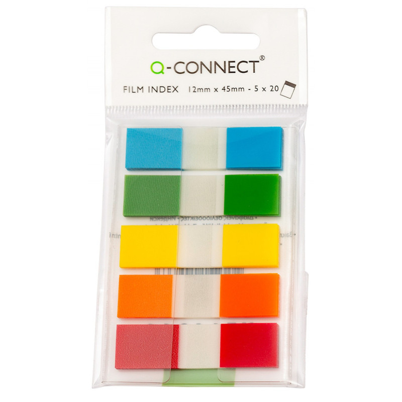 Zakładki indeksujące Q-CONNECT, PP, 12x45mm, 100 kart., zawieszka, mix kolorów