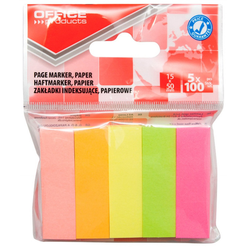 Zakładki indeksujące OFFICE PRODUCTS, papier, 15x50mm, 5x100 kart., zawieszka, mix kolorów