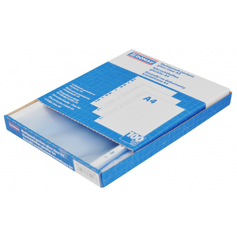 Koszulki na dokumenty DONAU, PP, A4, krystal, 45mikr., 100szt., w pudełku
