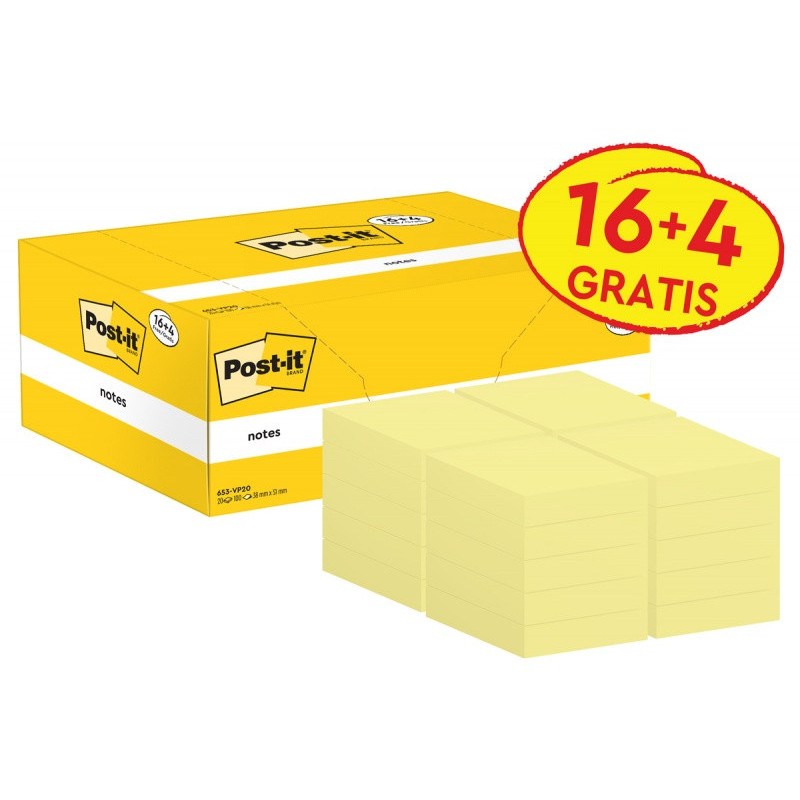 Karteczki samoprzylepne POST-IT® (653CY-VP20), 38x51mm, 100 kart./bloczek, 16 + 4 bloczki GRATIS, kanarkowo żółte