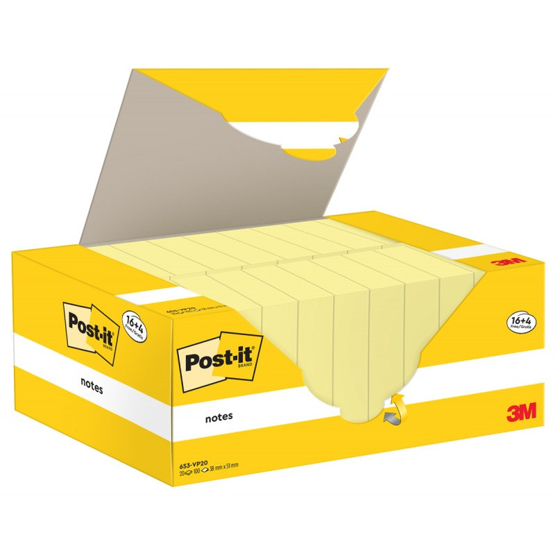 Karteczki samoprzylepne POST-IT® (653CY-VP20), 38x51mm, 100 kart./bloczek, 16 + 4 bloczki GRATIS, kanarkowo żółte