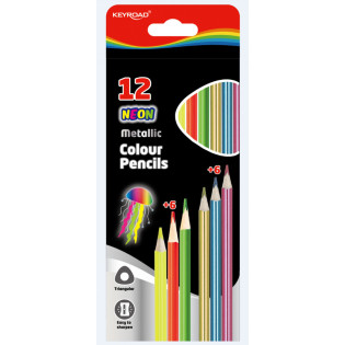 Kredki ołówkowe KEYROAD, trójkątne, metaliczne i neonowe, 12szt., mix kolorów