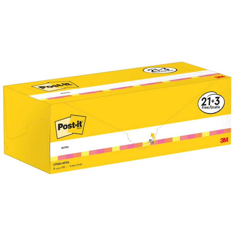 Karteczki samoprzylepne POST-IT® (654-NP24), 76x76mm, 100 kart./bloczek, 21 + 3 bloczki GRATIS, mix kolorów neonowych