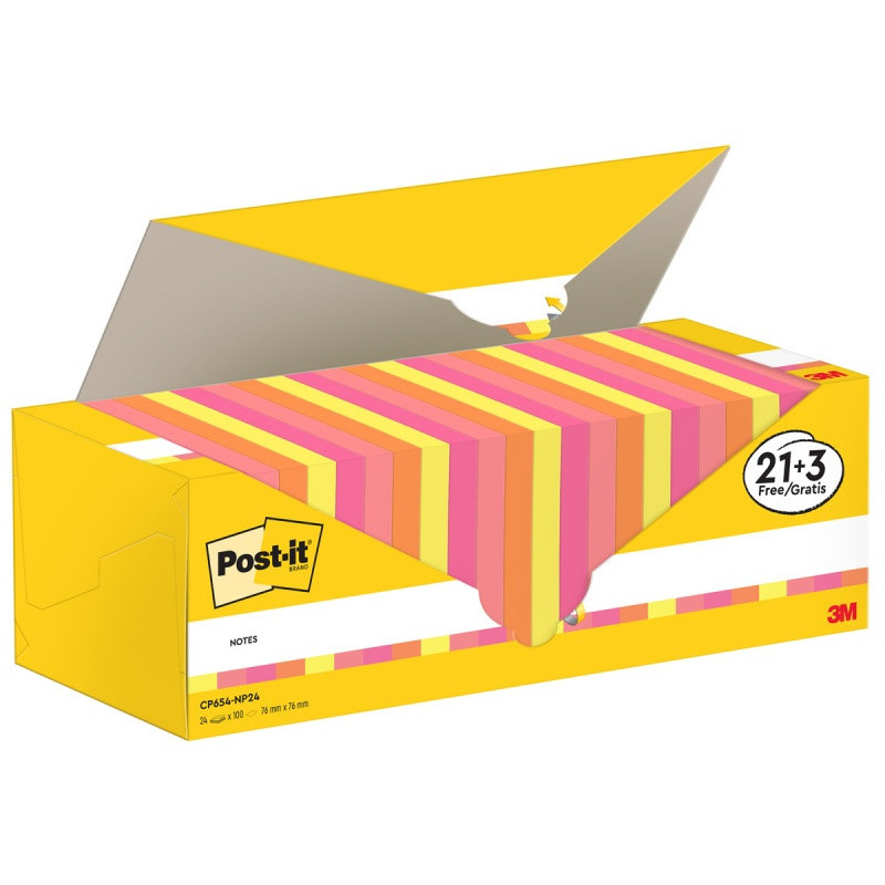 Karteczki samoprzylepne POST-IT® (654-NP24), 76x76mm, 100 kart./bloczek, 21 + 3 bloczki GRATIS, mix kolorów neonowych