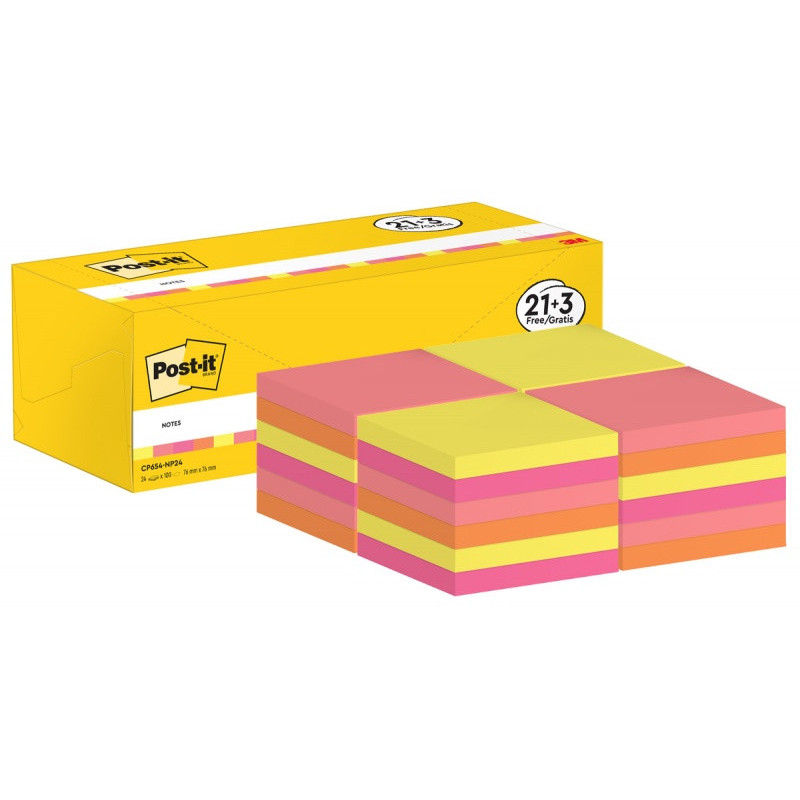 Karteczki samoprzylepne POST-IT® (654-NP24), 76x76mm, 100 kart./bloczek, 21 + 3 bloczki GRATIS, mix kolorów neonowych