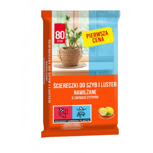 Ściereczki nawilżane PIERWSZA CENA, do szyb i luster, zapach cytrynowy, 80 szt., białe