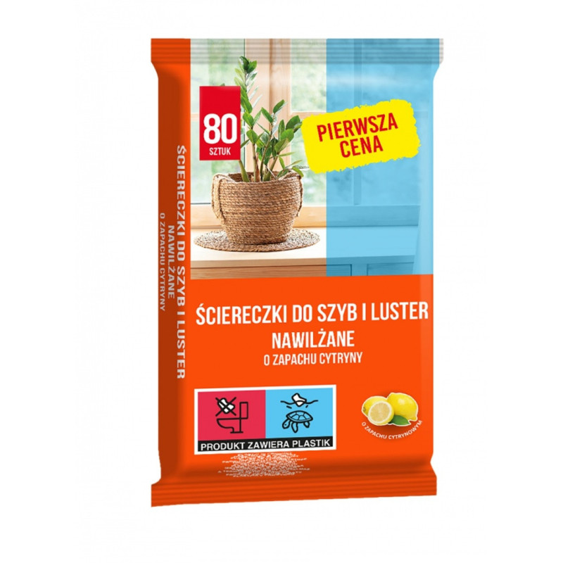 Ściereczki nawilżane PIERWSZA CENA, do szyb i luster, zapach cytrynowy, 80 szt., białe