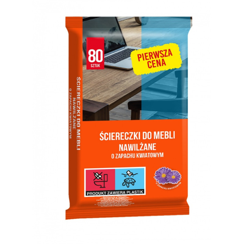 Ściereczki nawilżane PIERWSZA CENA, do mebli, zapach kwiatowy, 80 szt., białe