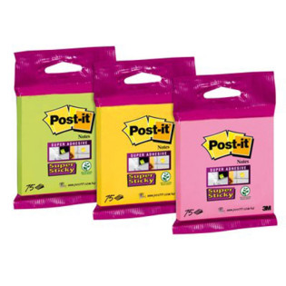 Bloczki samoprzylepne Post-it® Super Sticky (6820-SS), 76x76mm, 75 kart., w opakowaniu zbiorczym, mix kolorów