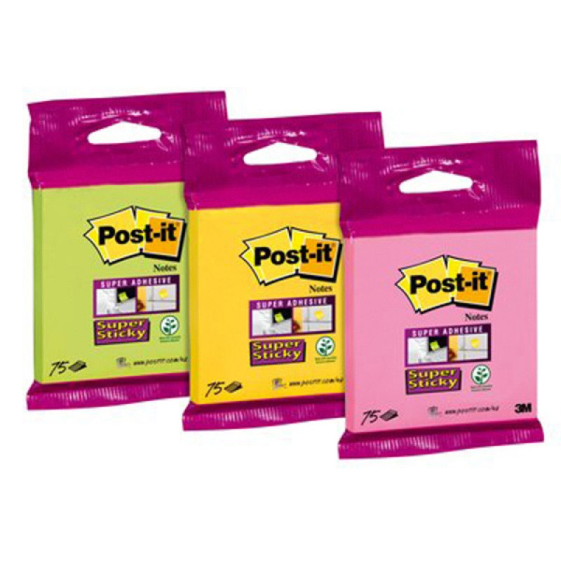 Bloczki samoprzylepne Post-it® Super Sticky (6820-SS), 76x76mm, 75 kart., w opakowaniu zbiorczym, mix kolorów
