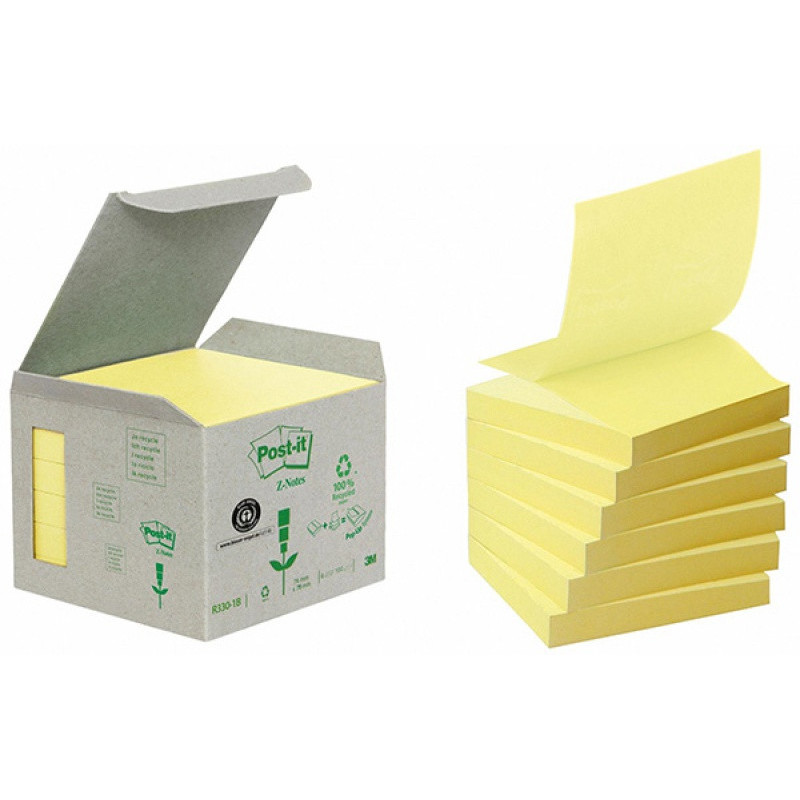 Ekologiczne karteczki samoprzylepne Post-it® Z-Notes (R330-1B), 76x76mm, 6 bl. x 100 kart., żółte