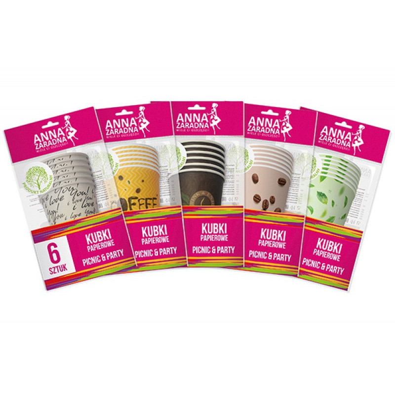Kubki papierowe ANNA ZARADNA, 200 ml, 6 szt., mix kolorów