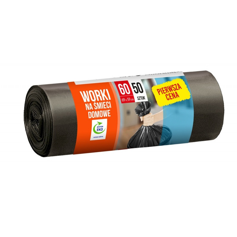 Worki na śmieci PIERWSZA CENA, domowe, 60 l, 50 szt., czarne